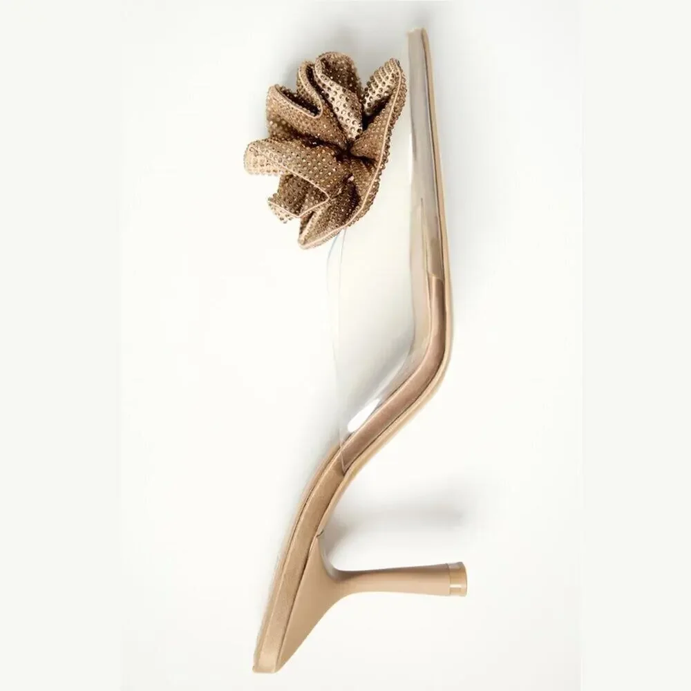 ZARA Floral Rosette Mule Heels NWT Pointed Toe Nude Vinyl Pumps Size 7.5 - Picture 16 of 16